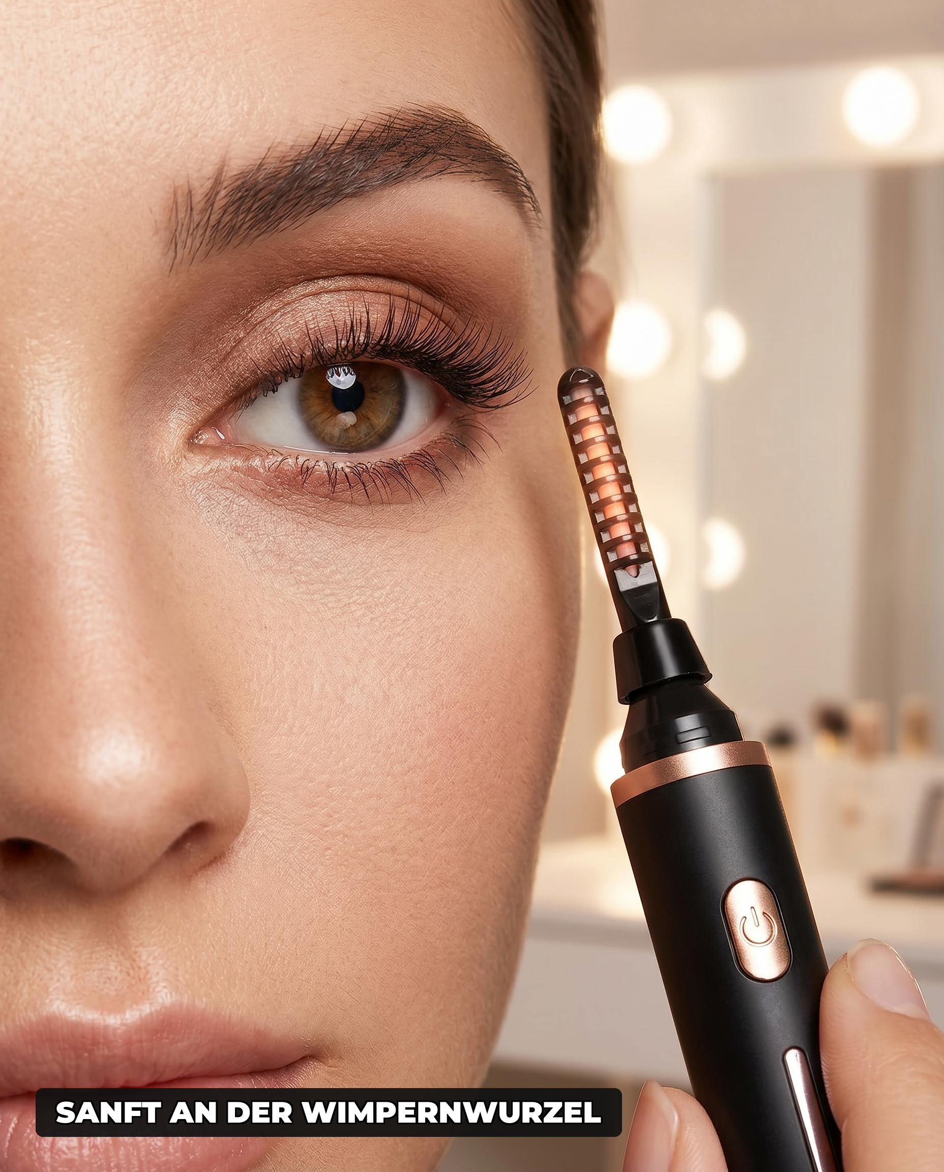 CurlUp Wärme-Wimpernzange Anwendung am Auge – Ergebnis in Sekunden